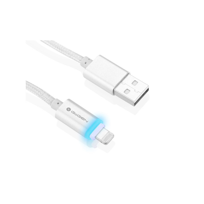 Kabel GoGEN USB A/LIGHTNING B, LED, w oplocie, metalowy, 1 m, srebrny