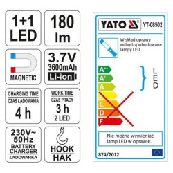 Svitilna montážní YATO 1+1 LED, bezprzewodowa, 3,7V Li-ion, magnes+hak, 180lm