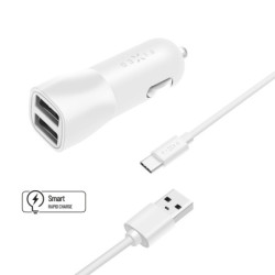 Zasilacz samochodowy FIXED 2x USB, 15W Smart Rapid Charge + USB-C kabel 1m