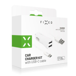 Zasilacz samochodowy FIXED 2x USB, 15W Smart Rapid Charge + USB-C kabel 1m