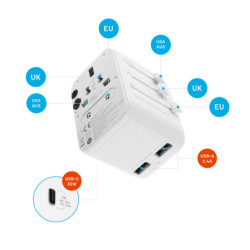 Adapter podróżny FIXED Voyager pro EU, UK a USA/AUS, s 1xUSB-C a 2xUSB výstupem, GaN, PD 30W