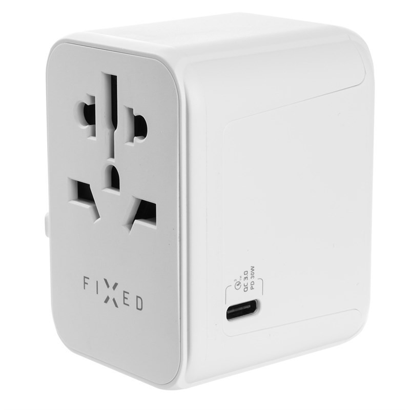 Adapter podróżny FIXED Voyager pro EU, UK a USA/AUS, s 1xUSB-C a 2xUSB výstupem, GaN, PD 30W