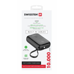 Powerbank Swissten 10 000 mAh, 22,5W, s integrovanými kabely USB-C a Lightning