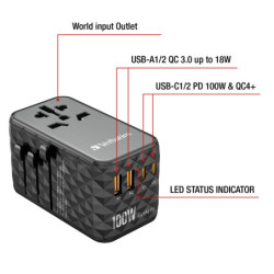 Adapter podróżny Verbatim UTA-06 GaN III, 2x USB-C PD 100W & QC 4+, 2x USB-A QC 3.0