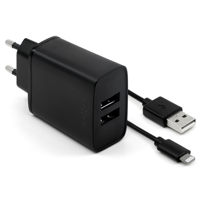 Ładowarka sieciowa FIXED 2x USB, 15W Smart Rapid Charge + Lightning MFi kabel 1m