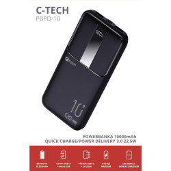 Powerbank C-Tech 10000 mAh, Li-Pol, 22,5W, USB-C/USB-A/micro USB