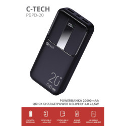 Powerbank C-Tech 20000 mAh, Li-Pol, 22,5W, USB-C/USB-A/micro USB