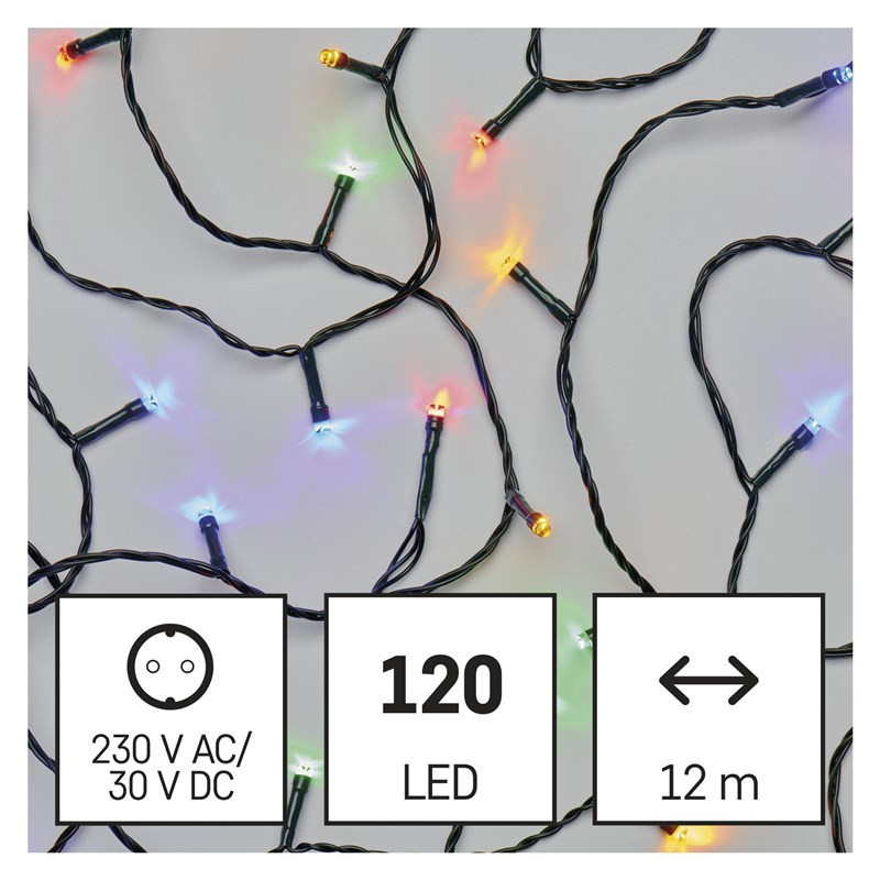 Christmas Lights EMOS 120 LED řetěz, 12 m, venkovní i vnitřní, multicolor, časovač