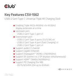 Stacja dokująca Club3D USB-C (5xUSB/USB-C/3xHDMI/2xDP/Ethernet/Audio), Triple 4K napájecí adaptér