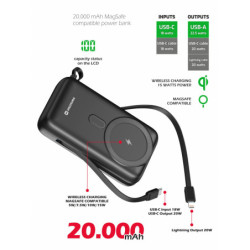 Powerbank Swissten 20000 mAh, PD 20W s integrovanými kabely USB-C a Lightning (kompatibilní s MagSafe)