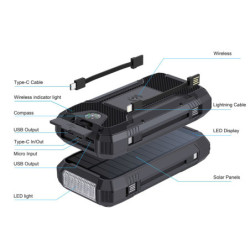 Powerbank WG 20000 mAh, zasilany energią słoneczną, z latarką i kompasem - černá